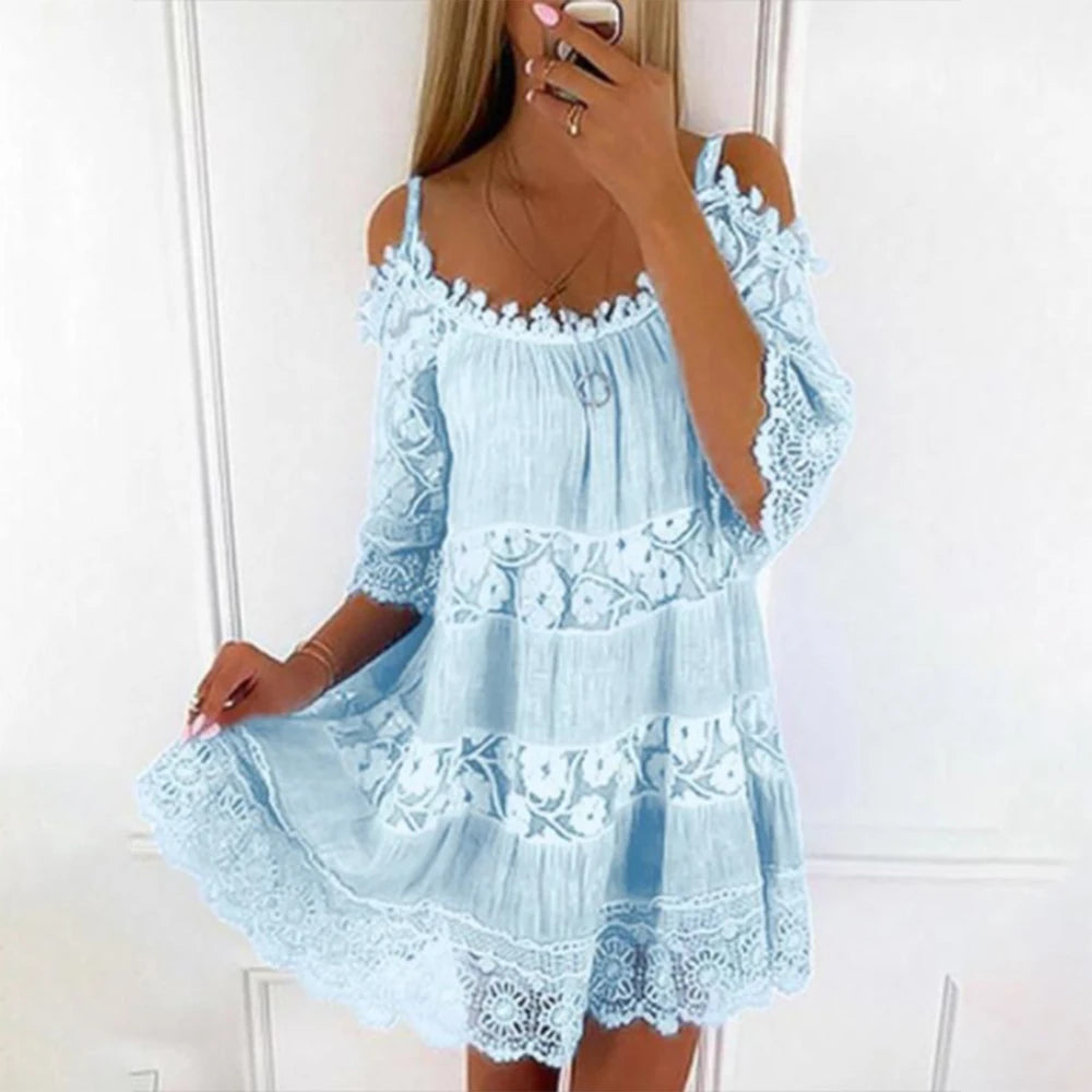 Vestido de verão plus size para senhoras, vestido de renda estilinque de cor sólida, vestido feminino elegante de cintura solta, casual na praia