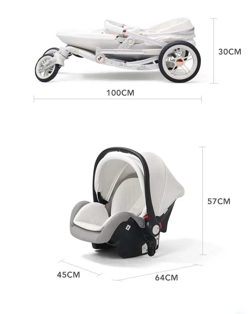 Baby Stroller 3in1,Luxury Baby Carriage with Car Seat,Eggshell Newborn Stroller Leather High Landscape PU leather
