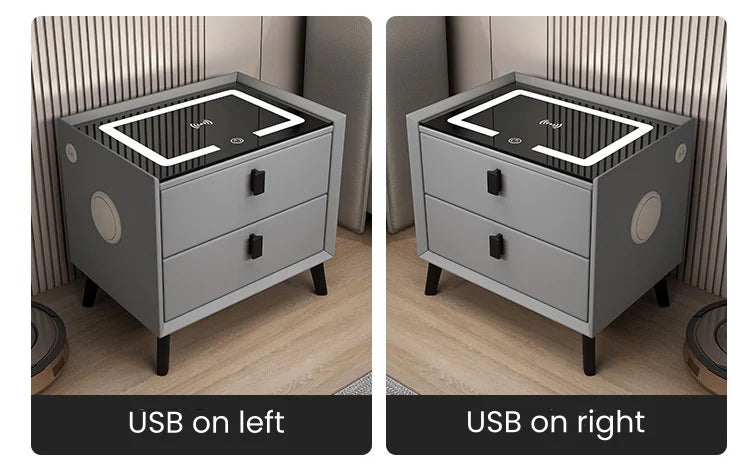Nordic Style Smart Bedside Table with 2 Drawers 50cm Leather Nightstands with Wireless Charging Home Side Cabinet with USB
