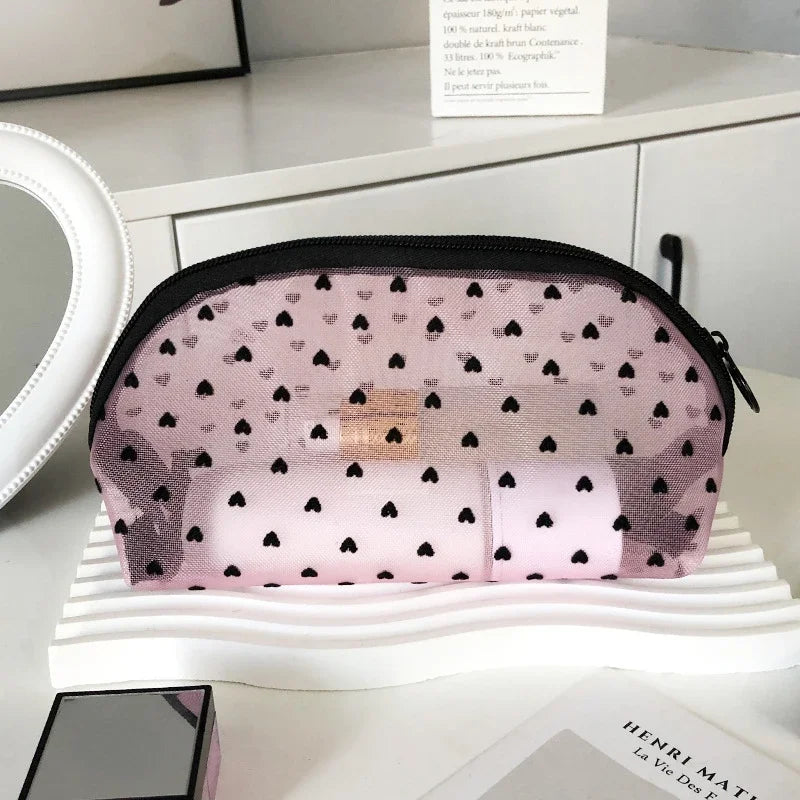 Heart-Shaped Nylon Mesh Cosmetic Bag Portable Toiletry Organizer for Women Makeup Storage