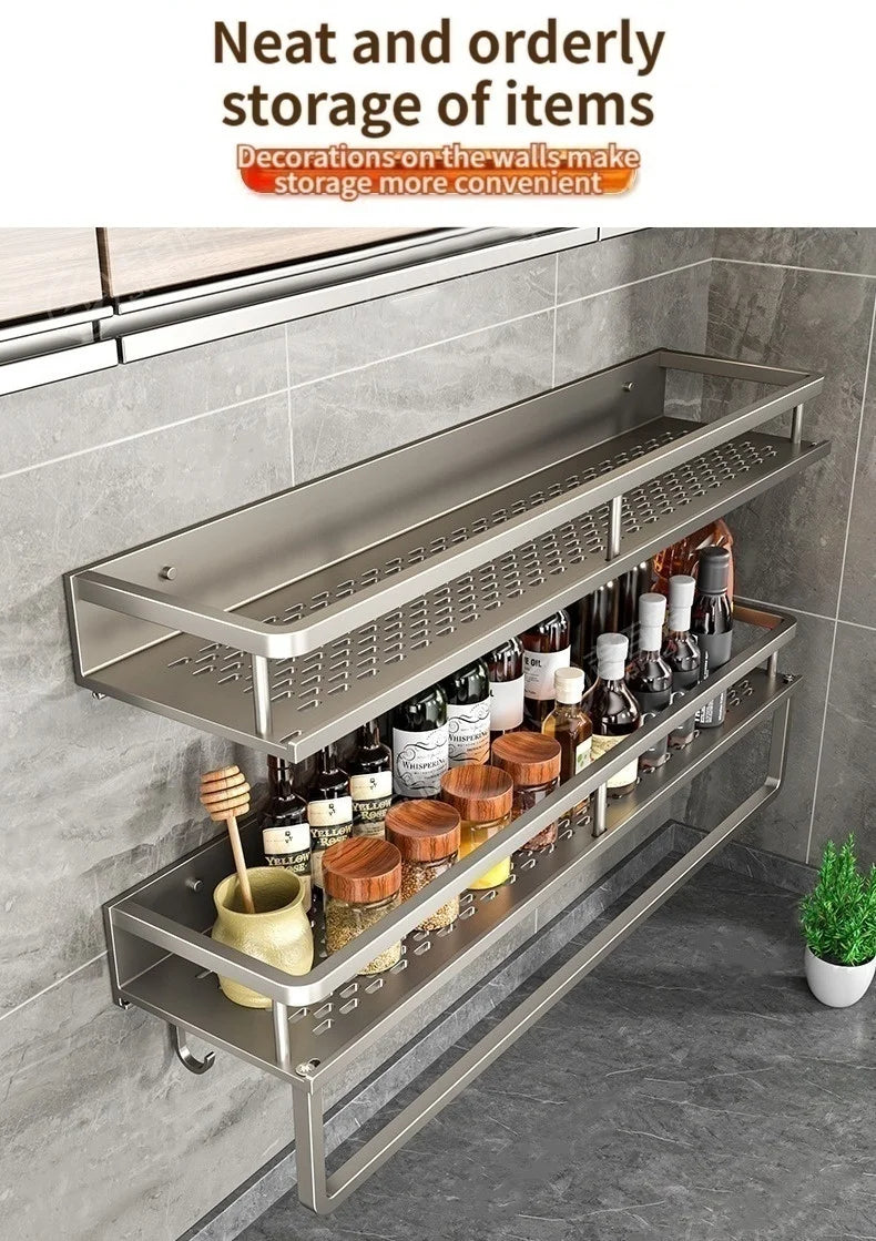 Aluminum Kitchen Shelf Wall Mounted Spice Organizer Rust and Moisture Resistant Bathroom Toiletries Storage Racks