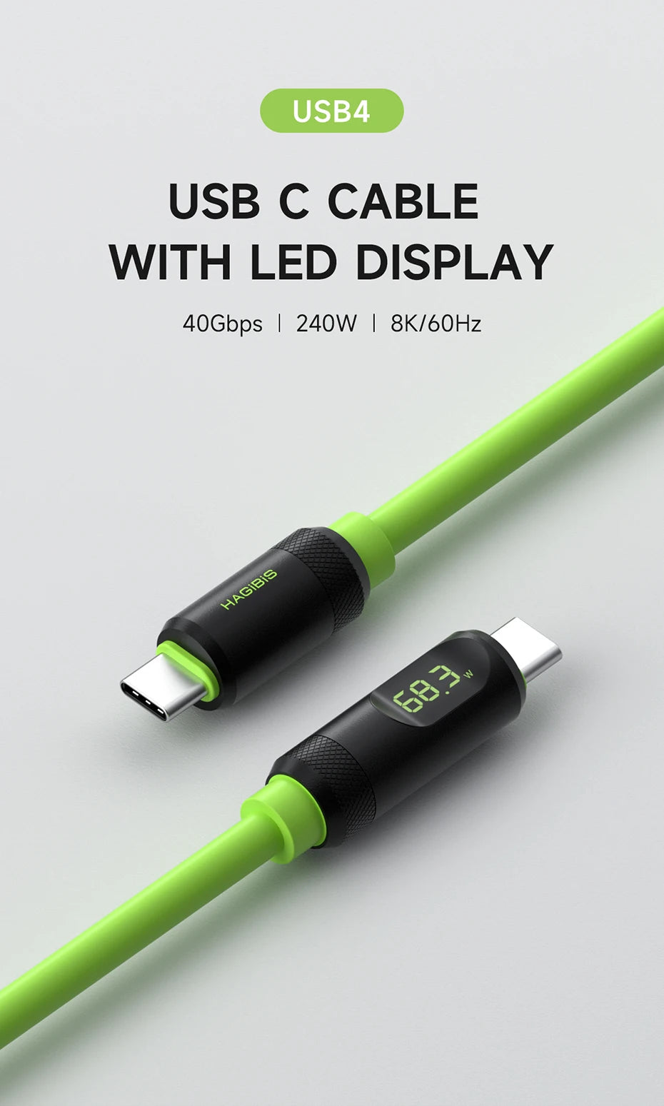 Hagibis USB C Fast Charger Cable With LED Display PD 240W 40Gbps Video Cord Compatible with Thunderbolt 4/3 For iPhone 16 Laptop