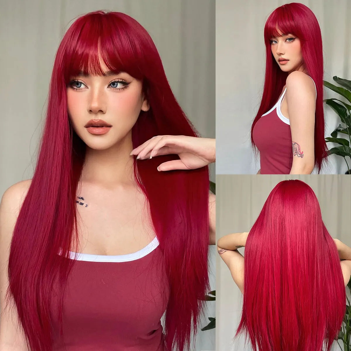 Light Wine Red Synthetic Wigs With Bangs for Women, Long Straight Hair Wig, Natural Cosplay Party, Heat Resistant