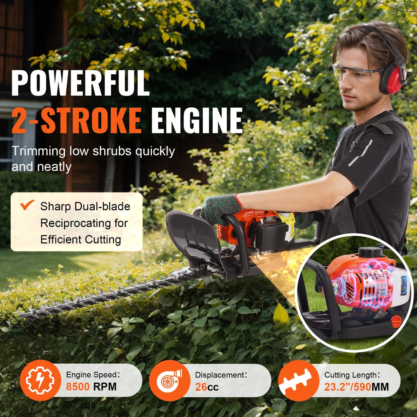 Cortasetos de gasolina VEVOR de 23,2 pulgadas y 26 cc, de 2 tiempos, manual, ajustable a 180° para recortar arbustos y matas bajas.