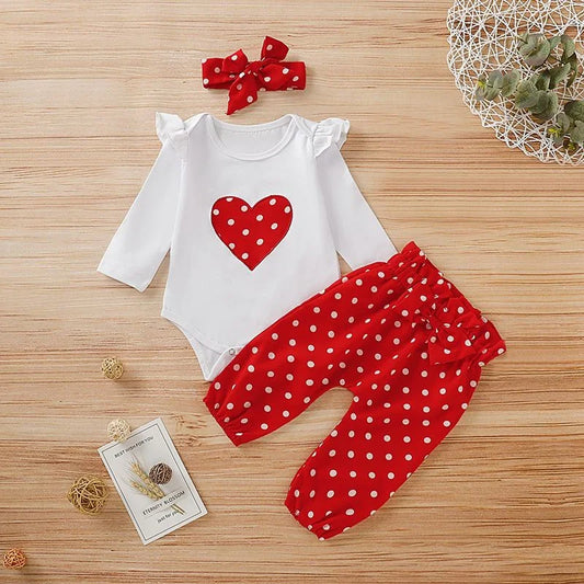 3PCS Newborn Baby Girl Clothes Set Love Heart Long Sleeve Romper + Pants + Headband Fashion Outfits for Toddler Girl 0-18 Months