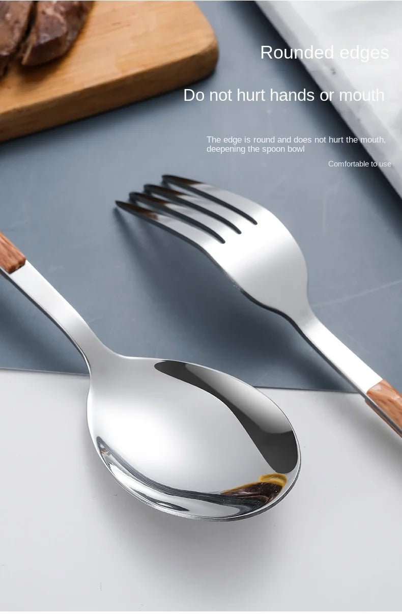 Juego de cubiertos con mango de madera de imitación de acero inoxidable, abrazadera para vajilla occidental, cuchillo, tenedor, cuchara de té, 30 Uds.