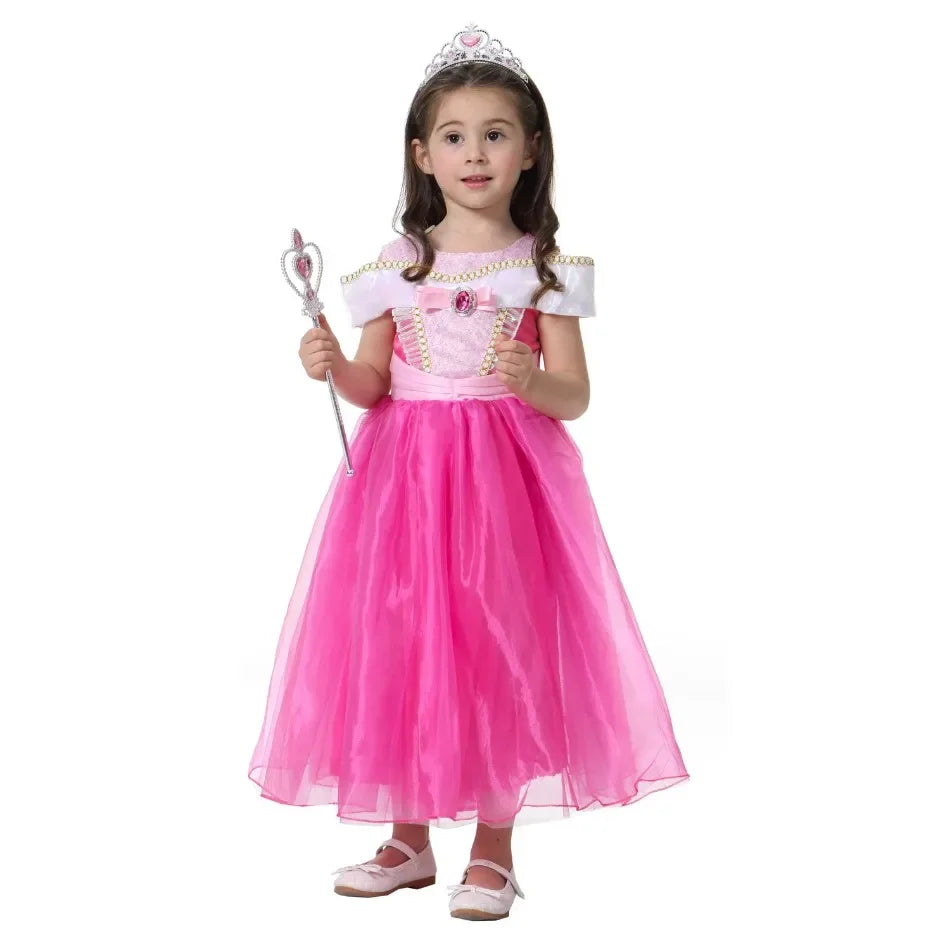 Girl Pink Dress Aurora Cosplay Costume Princess Deluxe Outfit Children Summer Brthday Party Elegant Gown Fairy Disguise Sets