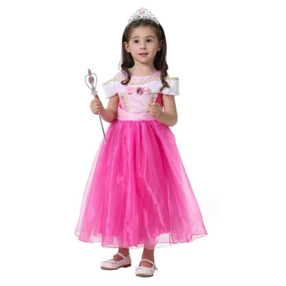 Girl Pink Dress Aurora Cosplay Costume Princess Deluxe Outfit Children Summer Brthday Party Elegant Gown Fairy Disguise Sets