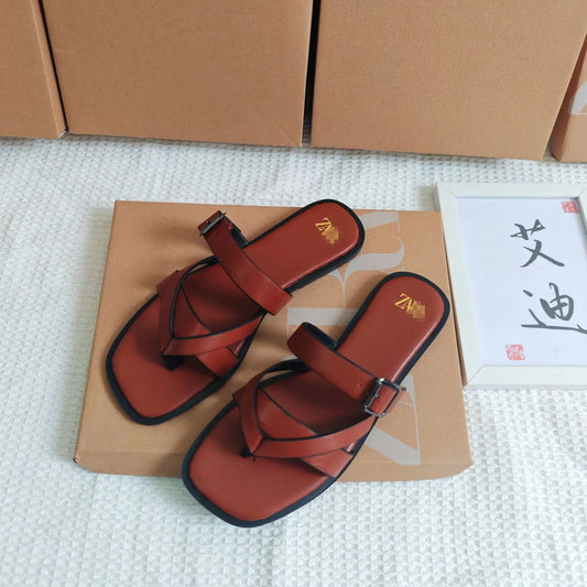 Women's Flat Sandals Crossbody Slip-On Casual Shoes Synthetic Leather Upgraded TPR Lightweight Wear-Resistant Flats