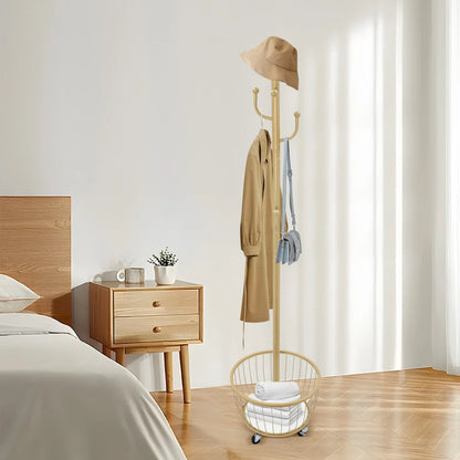 Perchero organizador de pie para abrigos y sombreros con rueda móvil, perchero para entrada con cesta de almacenamiento, herramientas elegantes para el hogar