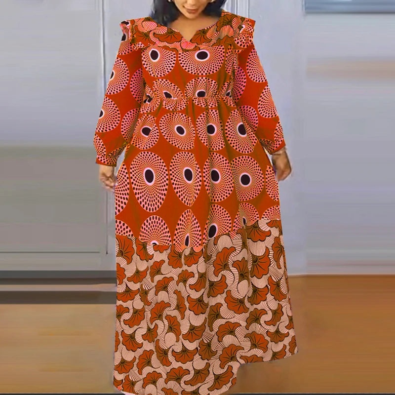 Vestido largo con estampado bohemio VONDA de talla grande 5XL para mujer, manga larga tipo farol, elegante, cuello en V, para vacaciones