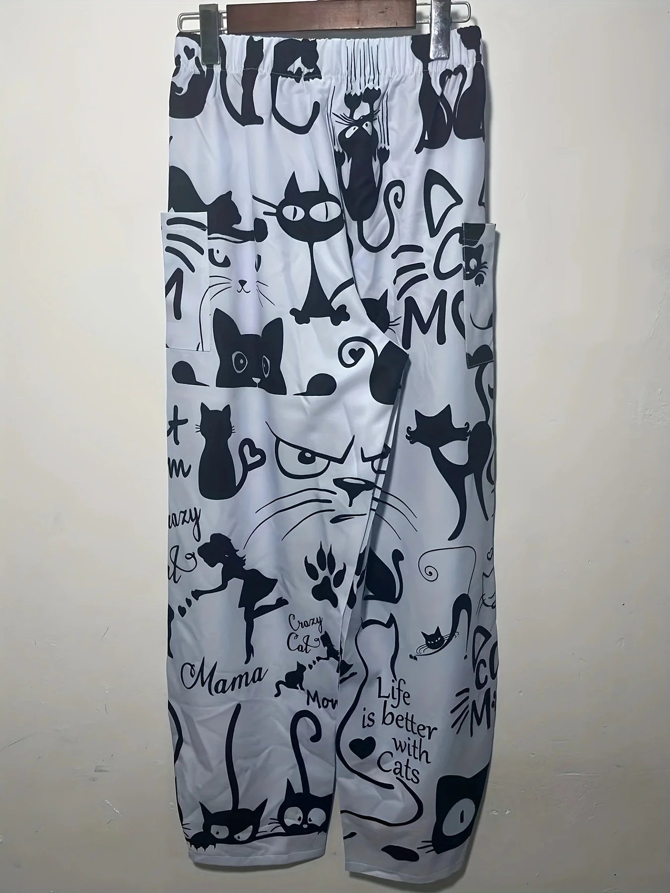 Women's Oversized Casual Pants Loose Fit Cat Letter Pattern Printed With Pockets Fashionable Women's Street Elegant Loose Pants