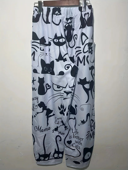Women's Oversized Casual Pants Loose Fit Cat Letter Pattern Printed With Pockets Fashionable Women's Street Elegant Loose Pants
