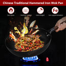 Carbon Steel Wok Pan 32cm Stir-Fry Pans with Wooden Lid Uncoated Flat Bottom Chinese Pan for Induction Electric Gas All Stoves