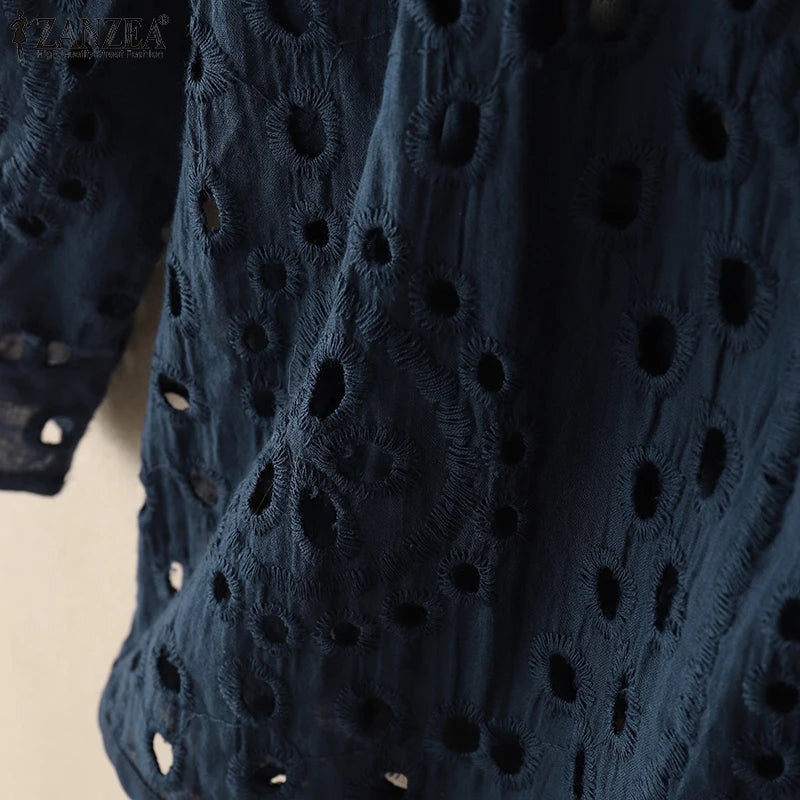 Stylish Autumn Hollow Out Cardigans ZANZEA Women Embroidered Blouse Elegant Shirts 2025 Fashion 3/4 Sleeve Kimonos Slim Fit Tops