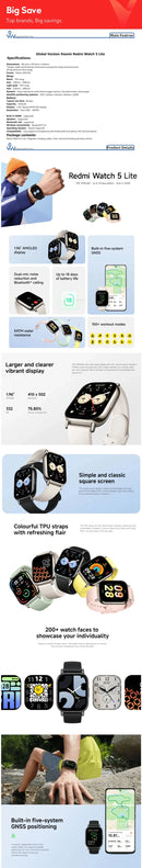 Global Version Xiaomi Redmi Watch 5 Lite 1.96'' AMOLED display 18-Day Battery life Bluetooth® calling Built-in GNSS 5ATM