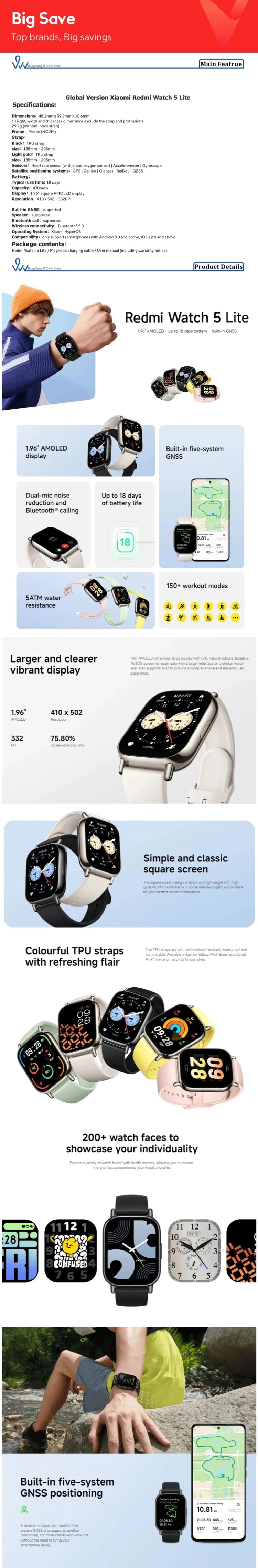 Global Version Xiaomi Redmi Watch 5 Lite 1.96'' AMOLED display 18-Day Battery life Bluetooth® calling Built-in GNSS 5ATM