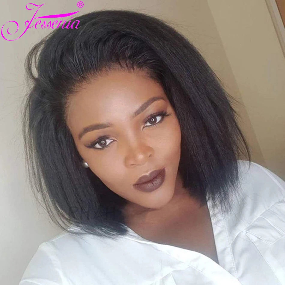 Glueless Kinky Straight Short Bob Virgin Human Hair Wig 13x4 Frontal HD Transparent Lace Peruvian Remy Soft Yaki Wear And Go Wig
