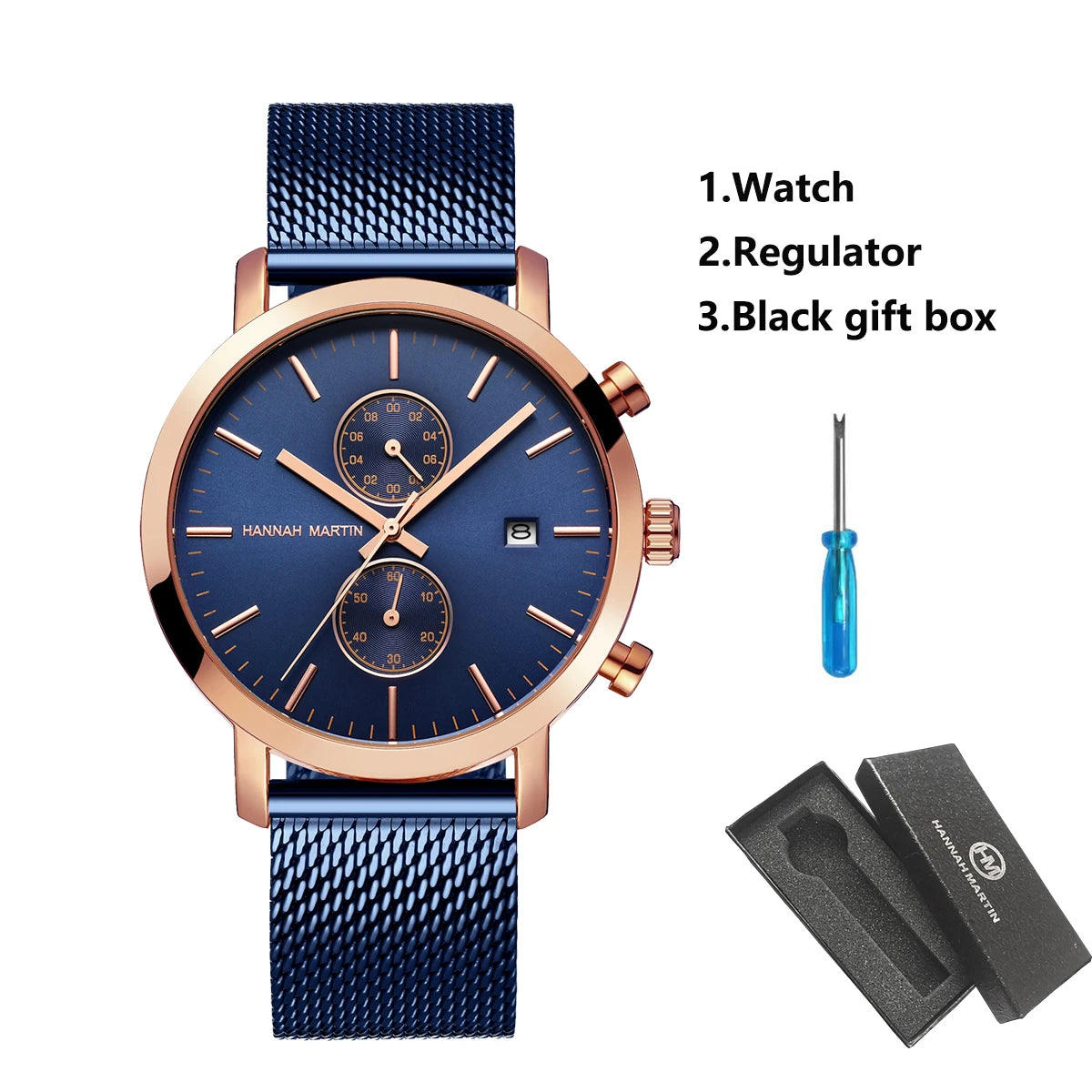 HANNAH MARTIN Brand Men Watch Black Stainless Steel Waterproof Fashion Sports Multifunctional Quartz Wristatch Relogio Masculino
