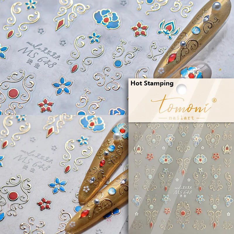 Flash Dreamy Chinese Flower Window Butterfly Glazed Rococo Geometric Frame Stamp Embossed Relief Nail Art Sticker Manicure Decal