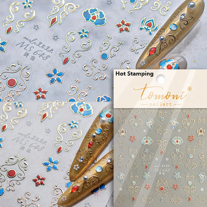 Flash Dreamy Chinese Flower Window Butterfly Glazed Rococo Geometric Frame Stamp Embossed Relief Nail Art Sticker Manicure Decal