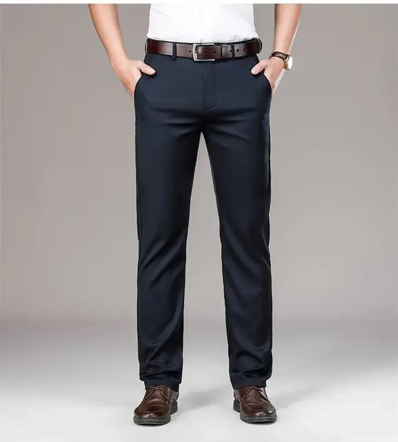 Pantalones casuales de seda helada para hombre, de negocios, formales, de verano, finos, rectos y holgados, para hombres de mediana edad.