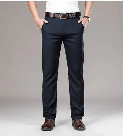 Pantalones casuales de seda helada para hombre, de negocios, formales, de verano, finos, rectos y holgados, para hombres de mediana edad.