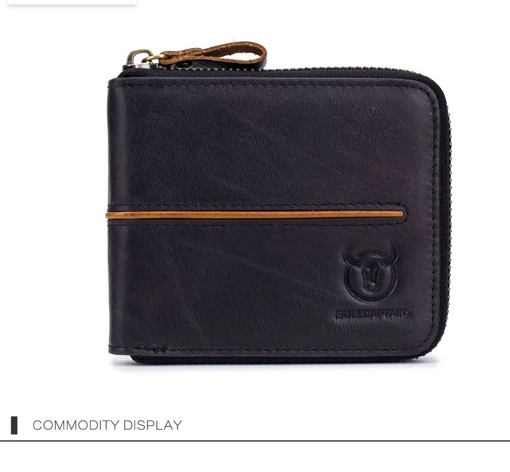 Bullcaptain Genuine Leather Men Short Wallet Casual Men's Coin Purse Vintage Male Zipper Card Holder Luxury Money Bags JYB022