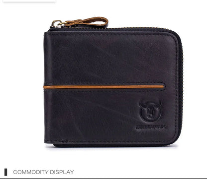 Bullcaptain Genuine Leather Men Short Wallet Casual Men's Coin Purse Vintage Male Zipper Card Holder Luxury Money Bags JYB022