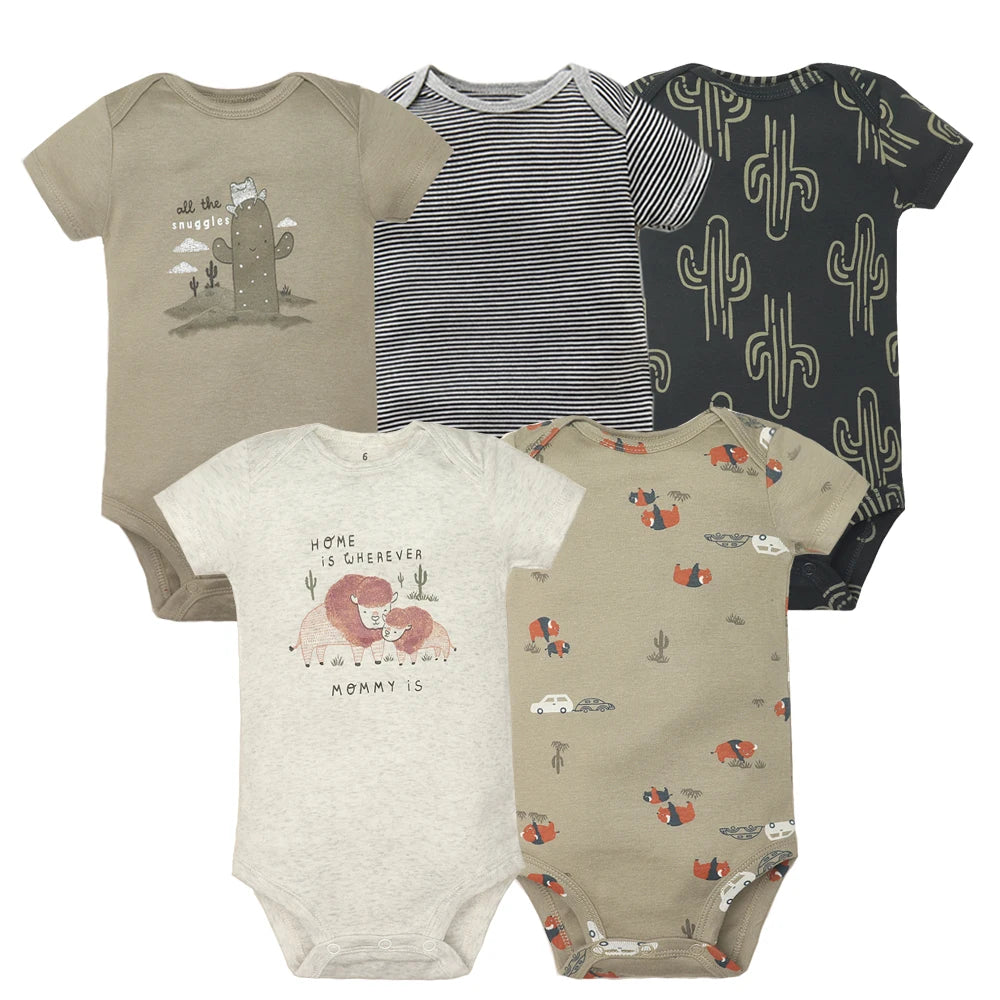 Lote de 5 monos para bebés y niñas, 100 % algodón, de manga corta, para recién nacidos de 6 a 24 meses.