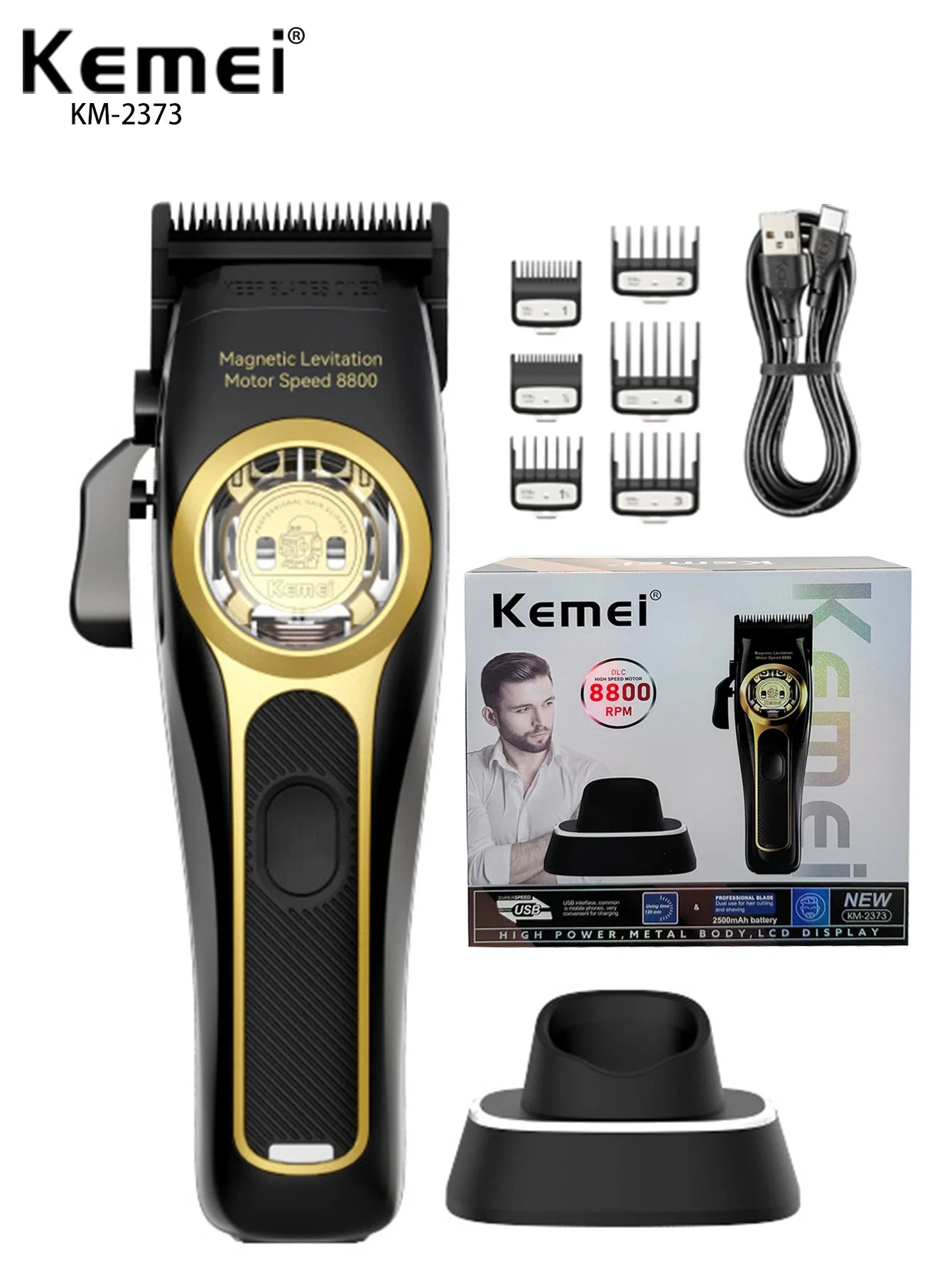 Kemei KM-2373 Baber Hair Clipper Professional Hair Cutting Machine With Charging Base For Men Electric Hair Trimmer Men Gift