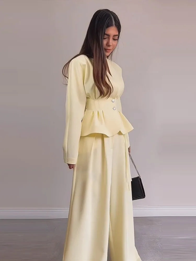 Solid Yellow Pant 2 Piece Set Women's Full Sleeves Buttons Waist-cinching Coats Wide-leg Trousers 2026 New Ladies Autumn Outfit