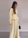 Solid Yellow Pant 2 Piece Set Women's Full Sleeves Buttons Waist-cinching Coats Wide-leg Trousers 2026 New Ladies Autumn Outfit