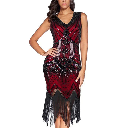 Vestido vintage Mandylandy para mujer, estilo retro de los años 20, estilo Gran Gatsby, con lentejuelas, sin mangas, para fiesta de baile, graduación y dobladillo con borlas.