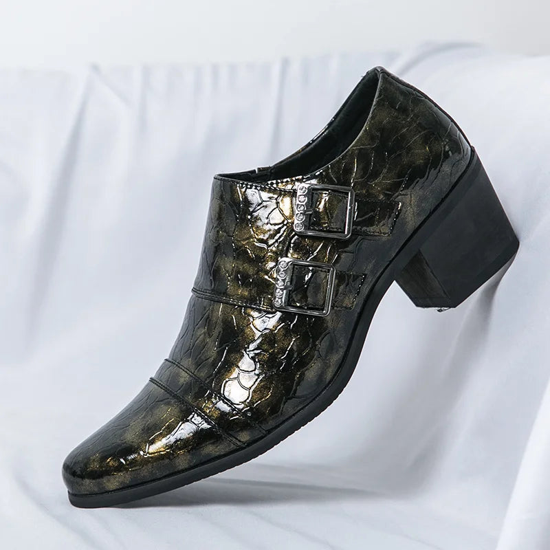 Fashion Buckle Leather Shoes For Men Big Size 46 Pointed Dress Shoes Man Quality Bussiness High Heels Shoes Man chaussure hommes