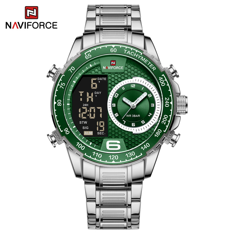 NAVIFORCE Luxury Quartz Watch for Men Honeycomb Dial Design Stainless Steel Wristwatch Dual Display Digital Watches Male Clock