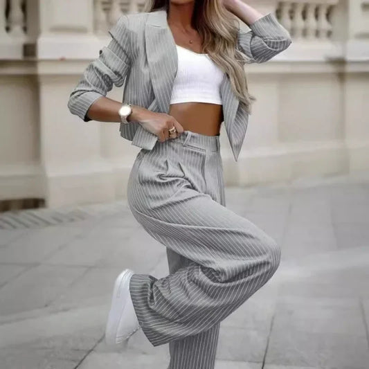 Mandylandy Casual Striped Suits Women Outfits Summer Short Style Lapel Suit Trousers Stripe Blazer Coats Straight-Leg Pants Suit