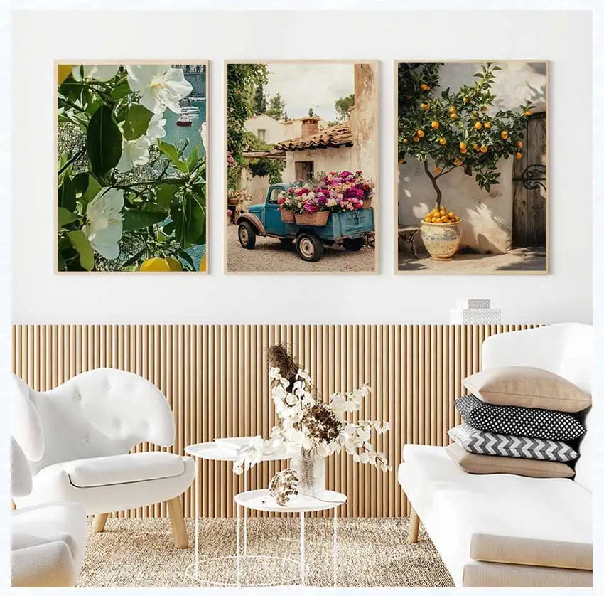 Retro Mediterranean Greece Landscape Poster Canvas Painting Wall Art Pictures Home Decoration Italian Lemon Orange Olive Tree