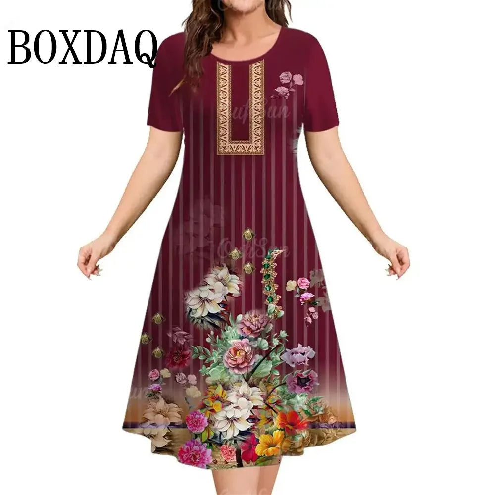 Summer Women Dresses Ethnic Fashion Plus Size Dresses Short Sleeve Elegant Loose Retro Ladies Dresses Casual 3D Printed Clothing
