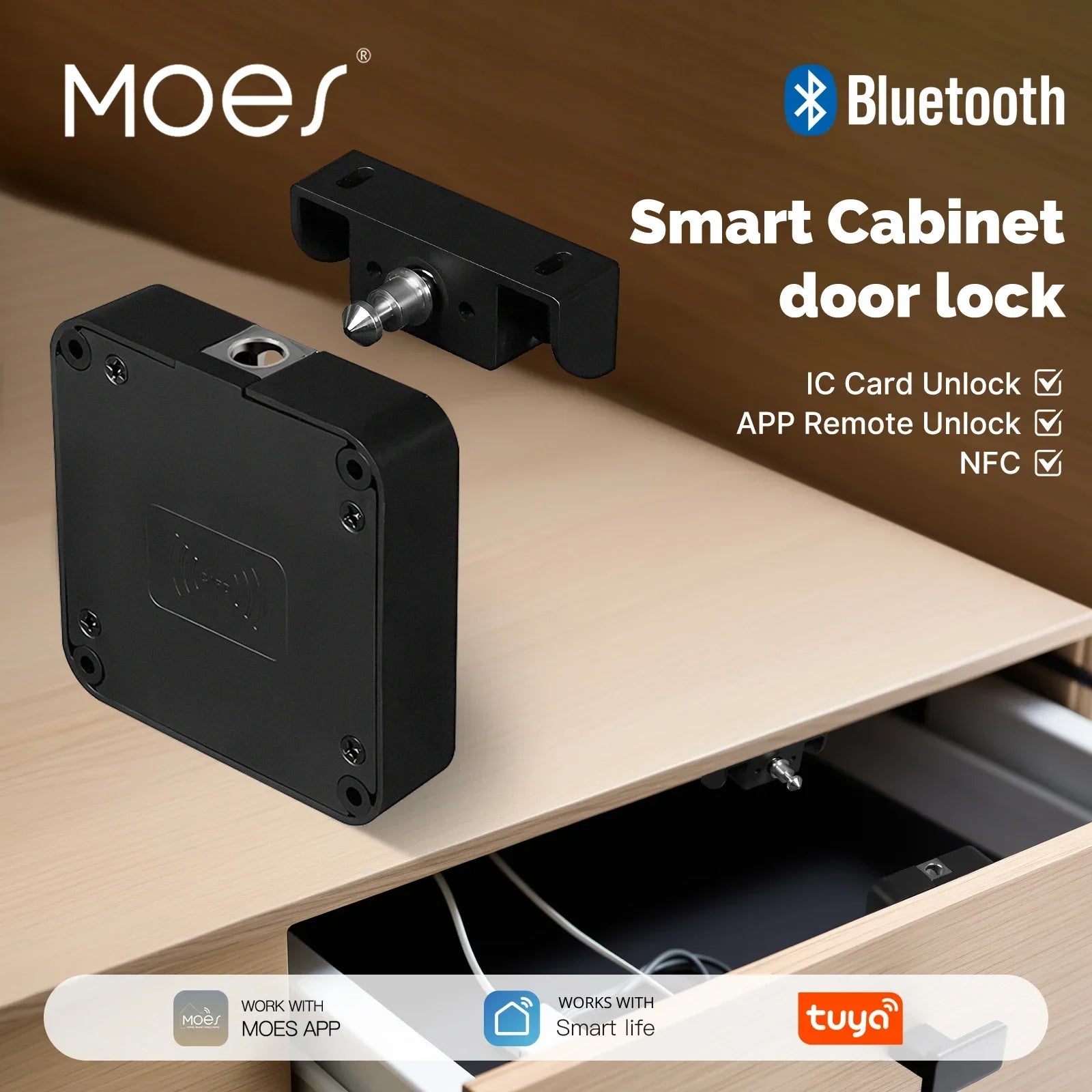 MOES Smart Lock Bluetooth Tuya-Compatible Keyless IC Card Unlock App Remote Control for Wood Cabinet Door Drawer Furniture