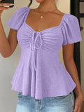 2026 Women Y2k Summer Tops V-Neck Drawstring Sexy Lace Up Short Sleeve Solid Color Shirts Female Elegant Casual Fashion Blouses