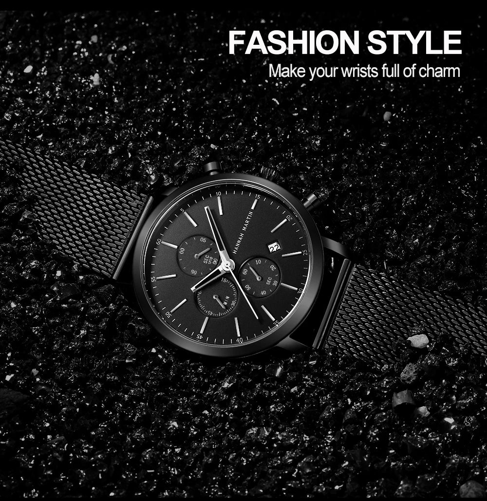 HANNAH MARTIN Brand Men Watch Black Stainless Steel Waterproof Fashion Sports Multifunctional Quartz Wristatch Relogio Masculino