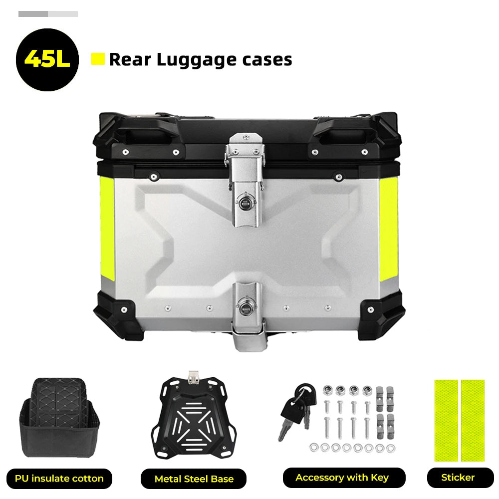 KEMIMOTO 45L/55L/65L Motorcycle Aluminum Case Tail Box Trunk with backrest Universal Top Tail Rear Luggage Tool Storage Box