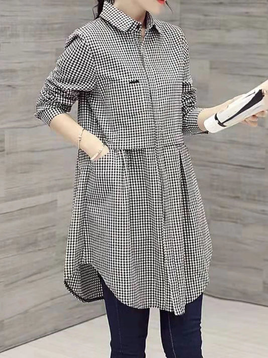 Blusas coreanas de talla grande, nuevas, de moda, con botones a cuadros, lisas, para otoño, blusa holgada de manga larga con cuello polo para mujer.