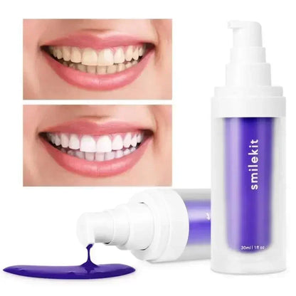 Pasta dental blanqueadora morada V34 de 30 ml. Elimina manchas, reduce el amarilleo y cuida tus dientes, encías, aliento fresco y blanquea los dientes.