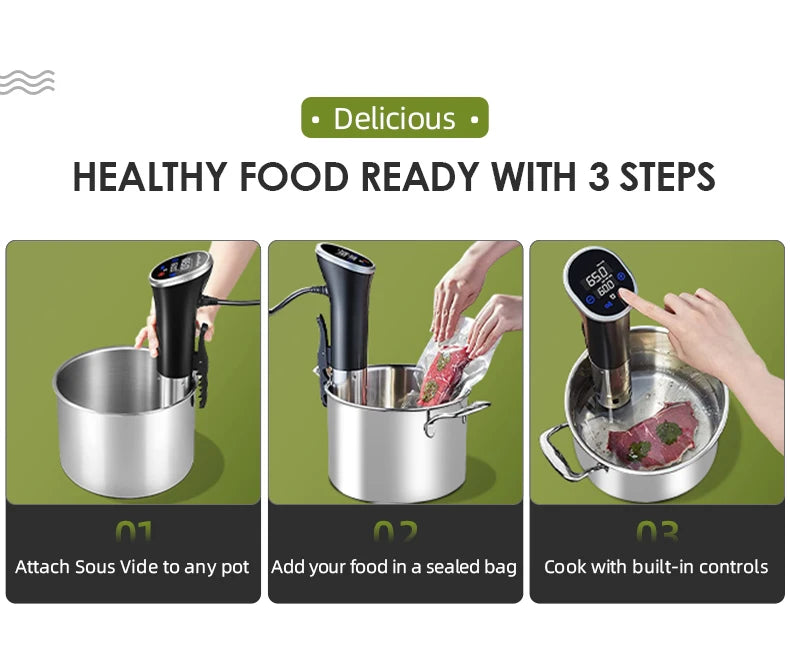 Wancle Vacuum Sous Vide Cooker IPX7 Waterproof Heater Immersion Circulator Slow Cooker with Digital Display Reservation Function