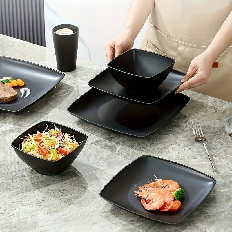 16-Piece Square Dinnerware Set - Heavy Duty Ceramic Plates, Bowls, Cups | Dishwasher & Microwave Safe for Everyday Use