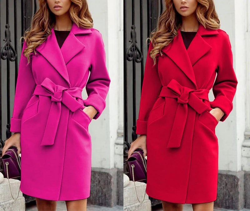 2023 Autumn and Winter Women's Fashionable Slim Fit Temperament Woolen Coat, Suit Collar Belt Slim Tie Long-sleeved Woolen Coat