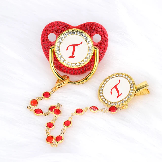 Personalized Baby Pacifier Clip Red Zircon Silicone Infant Teether Bpa Free Luxury Teether Newborn Holder 26 Letters 