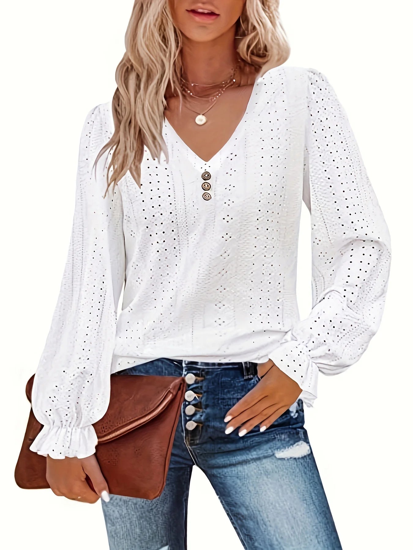 Plus size ilhó botão decoração camiseta casual decote em v manga longa topo para primavera e outono roupas femininas plus size